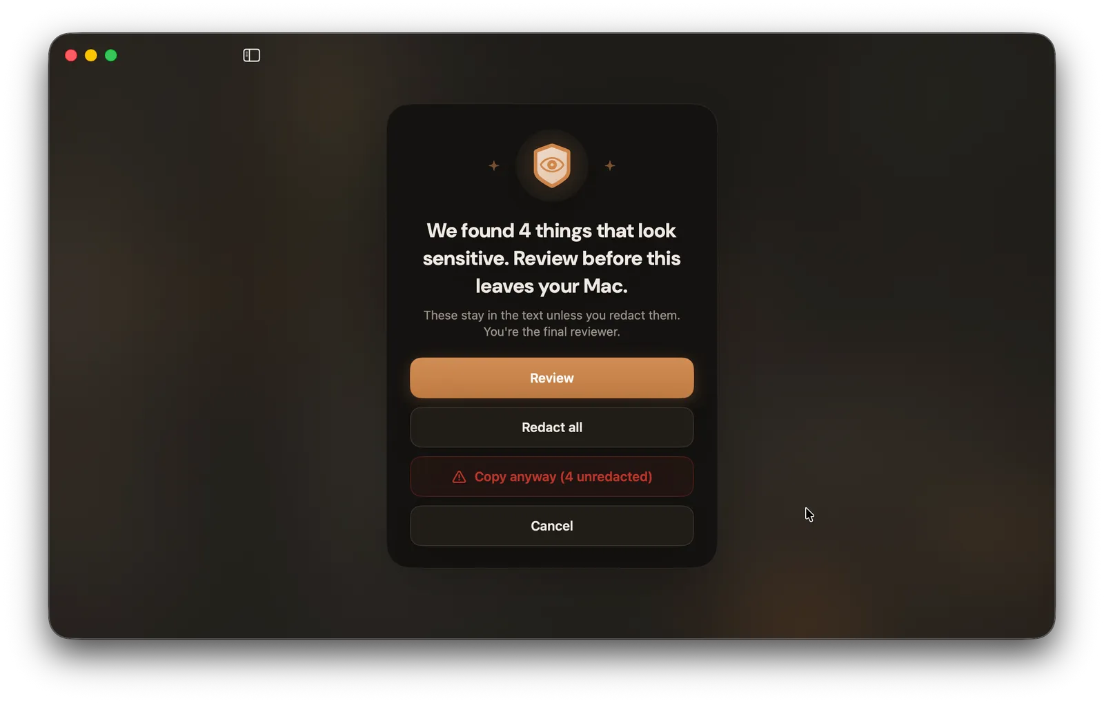 Lembic's export warning reading 'We found 4 things that look sensitive. Review before this leaves your Mac.' with Review, Redact all, Copy anyway, and Cancel buttons