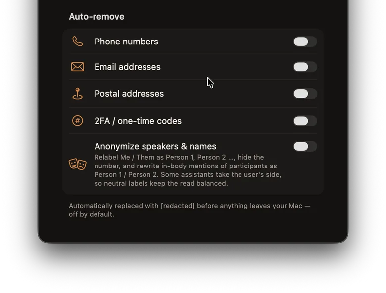 Lembic's Auto-remove settings with phone numbers, email addresses, postal addresses, 2FA codes, and anonymize speakers all switched off