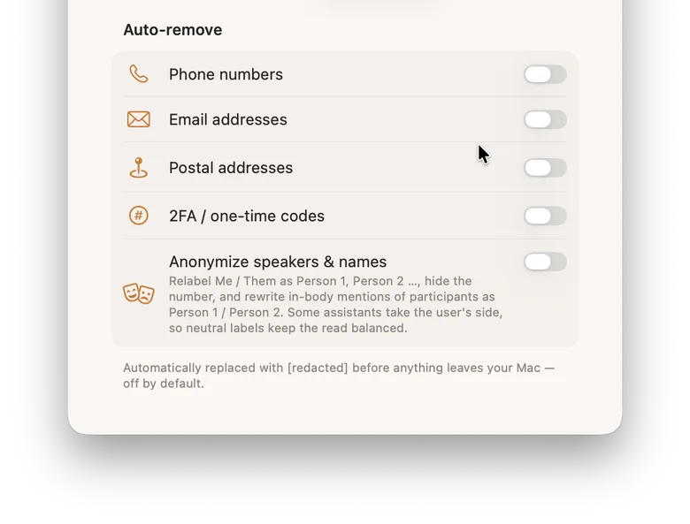 Lembic's Auto-remove settings with phone numbers, email addresses, postal addresses, 2FA codes, and anonymize speakers all switched off