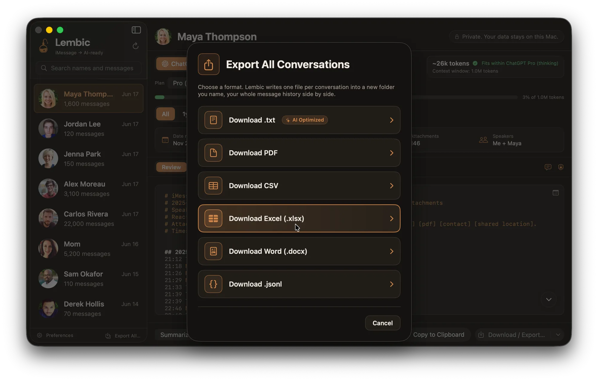 Lembic's export dialog on macOS, offering plain text, PDF, CSV, Excel, Word, and JSONL formats