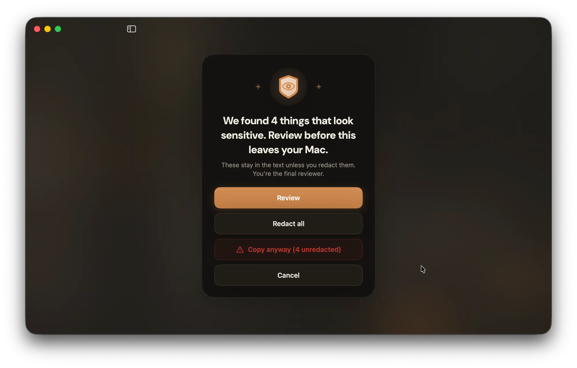 Lembic asking you to review sensitive details before an export leaves your Mac